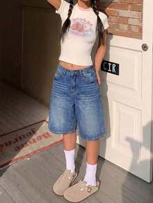Women's Loose Fashion Straight Mid-Calf Shorts Casual Summer - 輕洗 - 查看 4