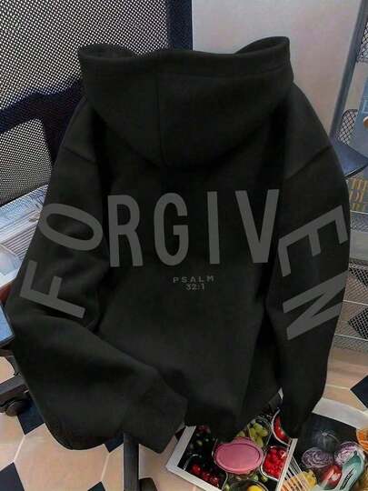 FORGIVEN PSALM Christian Jesus Prayer Graphic Sweatshirt Cozy Sweatshirt, Women Fall And Winter Clothes, Solid Color Long Sleeve Pocket Relaxed Fit Casual Pullover Sweatshirt Black