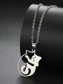 1pc Fashionable Stainless Steel Hollow Hugging Cat Pendant Necklace, Cute Animal Pattern Unisex Necklace - Simple Series - View 1