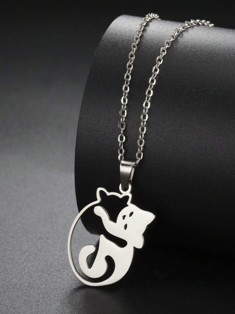 1pc Fashionable Stainless Steel Hollow Hugging Cat Pendant Necklace, Cute Animal Pattern Unisex Necklace - Simple Series - View 1