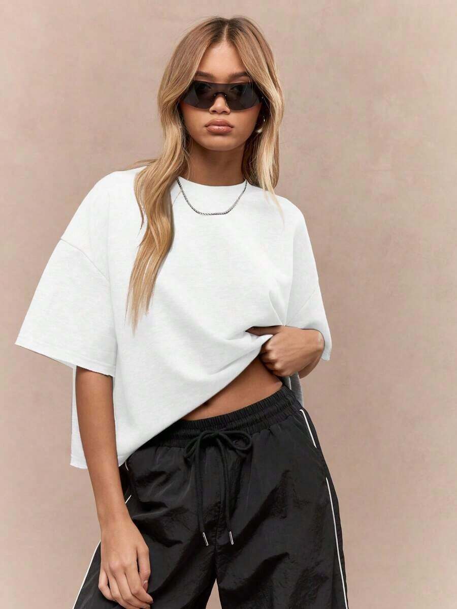 Oversized Heavy T-Shirt Modern Streetwear Essential Boxy Cut Casual Summer Basic Loopback Top Ultra Soft Minimalist Urban Fashion Staple-Unisex Summer Casual Vintage Cotton Printed T-Shirts For Couples - 白色 - 查看 1