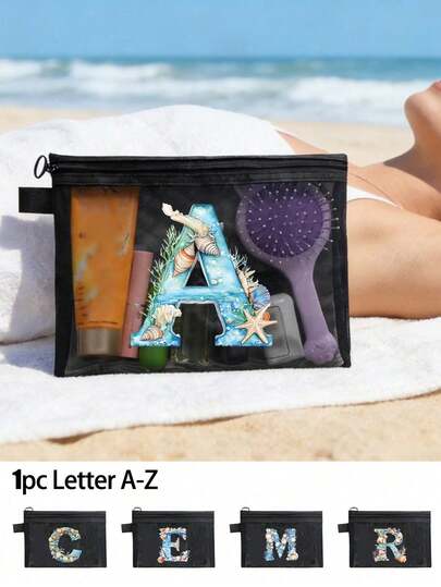 1 túi đựng mỹ phẩm lưới trong suốt in chữ cái đầu A-Z dành cho nữ, túi đựng mỹ phẩm cá nhân hóa có khóa kéo, túi đựng đồ dùng vệ sinh cá nhân và chăm sóc da dung tích lớn, hộp đựng mỹ phẩm di động cho bãi biển, kỳ nghỉ, phòng tập thể dục, trường học và sử dụng hàng ngày, túi đựng mỹ phẩm dễ thương, thẩm mỹ dành cho các cô gái, phù dâu và bạn bè, món quà hoàn hảo cho sinh nhật, Ngày Valentine, Ngày của Mẹ, Giáng sinh và du lịch mùa hè