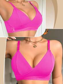 Solid Color Patchwork Front-Open Wireless Bra For Women - Hot Pink - View 6