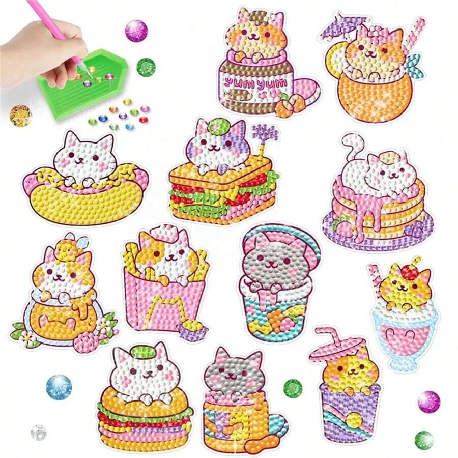 12pcs DIY Cute Cat Diamond Painting Kit, Includes Gems Tools, Craft Art, Best Mosaic Sticker Gift - Multicolor - View 1