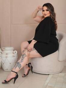 Plus Size Dress Elegant One Sleeve Mule Lame Chic Stylish For Party Nightclub Christmas And New Year - 黑色 - 查看 6