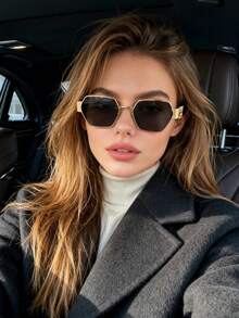 1pc 2026 New Vintage Asymmetrical Metal Large Frame Women Fashion Glasses, Fashionable & Elegant - 金框黑灰片 - 查看 2