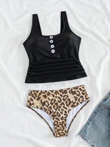 Women's Elegant High Stretch Bikini Set With Straps And Button Details, More Coverage Summer Swimsuit - Black - View 4