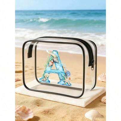 精致大容量PVC化妆包，印有海洋字母和海星图案，拉链封口，高品质旅行洗漱收纳包，轻巧便携，易于清洁，适合旅行、海滩度假和商务出差，是送给朋友或闺蜜的理想礼物。