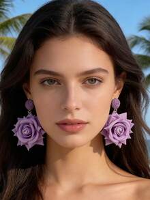 imoli 一对波西米亚风涤纶拉菲草3D玫瑰花耳环,小众礼物,适合女性海滩度假 - 彩色 - 查看 6