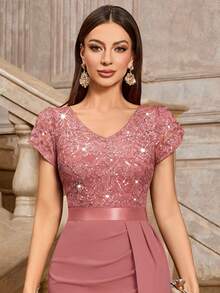 MIUSOL Elegant Sequin Lace Puff Sleeve Ruched Split Thigh Cocktail Party Bodycon Dress,Semi Formal Women Dress,For Wedding Guest, Graduation, Dinner - Dusty Pink - View 10