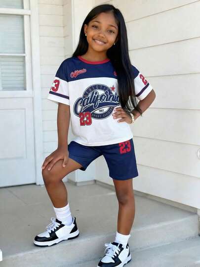 Chatreadl Bộ áo thun ngắn tay dáng casual cho bé gái tuổi teen, thiết kế đơn giản kết hợp với quần short thể thao, thoải mái để mặc hàng ngày.