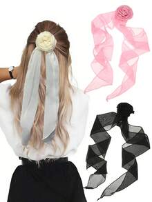 1Pc Rose Flower Chiffon Hair Scrunchie, Gentle Sweet Long Ribbon Hair Accessory, Daily/Party/Date Elegant Hairstyle Ornament Ponytail Holders Hair Elastics Hair Rubber Bands Hair Rope Elastic Hair Tie - Multicolor - View 1