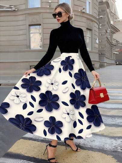Floral Midi Skirt White With Navy Blue And White Flowers Elegant Women Fashion Street Style Outfit For Spring Summer Events
