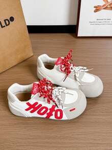 2026春季新款复古系带厚底运动鞋，女款，仿皮撞色休闲运动鞋 - 紅色 - 查看 5