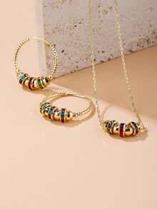 Set de 3 piezas de joyería de plástico con cristales de estilo europeo y americano, que incluye aretes y collar, adecuado para uso diario de mujeres o como regalo - Multicolor - Ver 2
