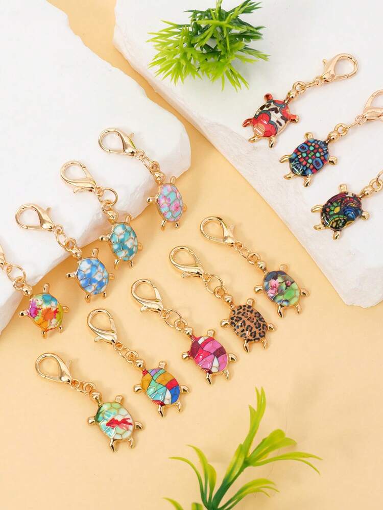 12pcs Cute Alloy Sea-Turtle Keychain Set, Colorful Turtle Design Pendant Zipper Decoration Set - Zinc Alloy, Bohemian & Ocean Themed Mini Decoration, Animal Accessories For DIY Jewelry Making, Suitable For Backpack, Wallet And Casual Shoes - Turtle-12pcs - View 4