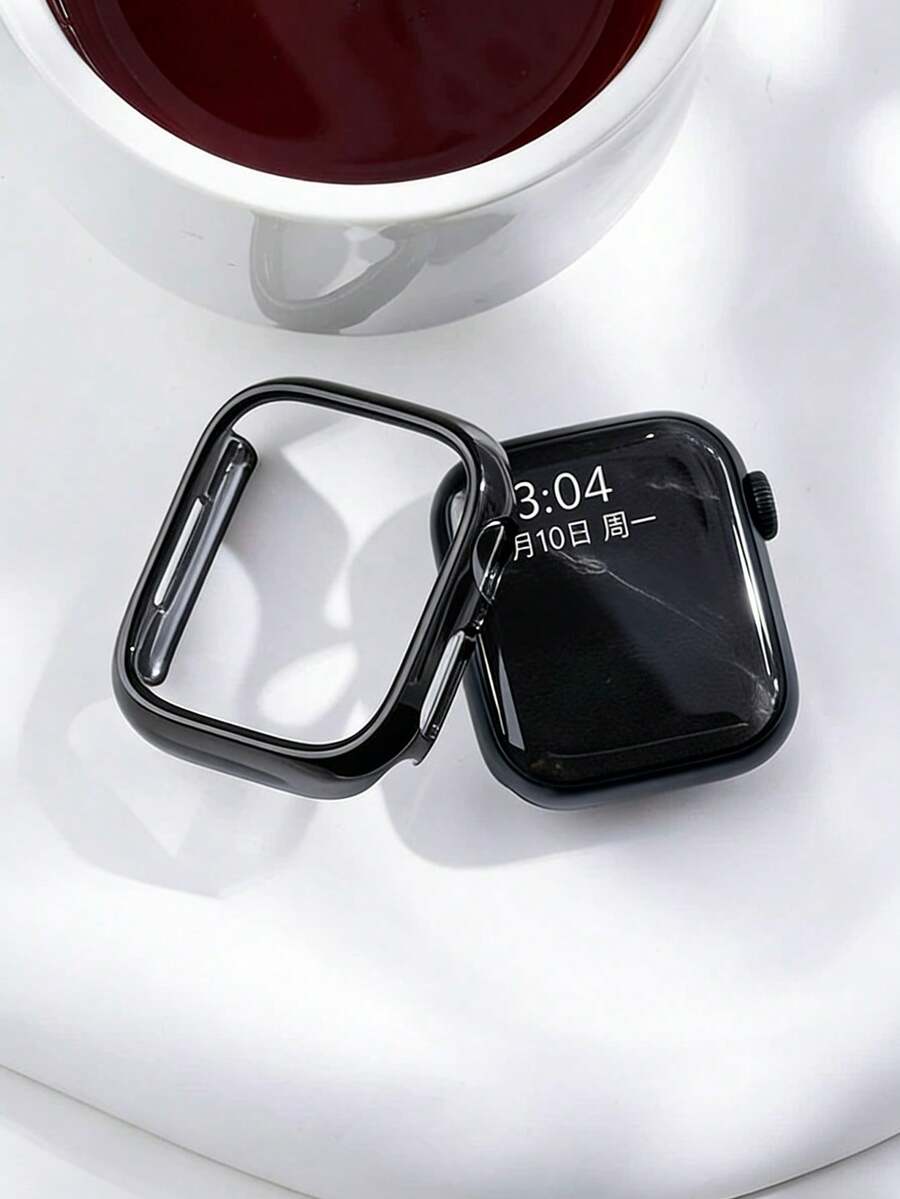 1pc Glossy Black Bumper Case Compatible With Apple Watch, Hard PC Scratch Resistant Protective Frame For Watch Series SE/9/8/7/6/5/4/10/11 - Black - View 1