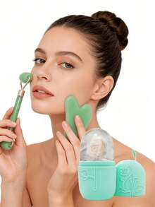 1/2/3pcs Set Ice Face Roller + Stainless Steel Gua Sha Board + Cloth Flannel Bag - Facial Skin Care Ice Roller Set, Facial Massage Tools, Silicone Ice Face Roller, Ice Roller, Stainless Steel Gua Sha Board, For Relieving Face And Eye Puffiness - Green - View 5