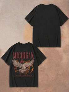 Camiseta de manga corta de ajuste holgado con cuello redondo y estampado de águila en estilo casual para mujer, adecuada para el verano - Negro - Ver 8
