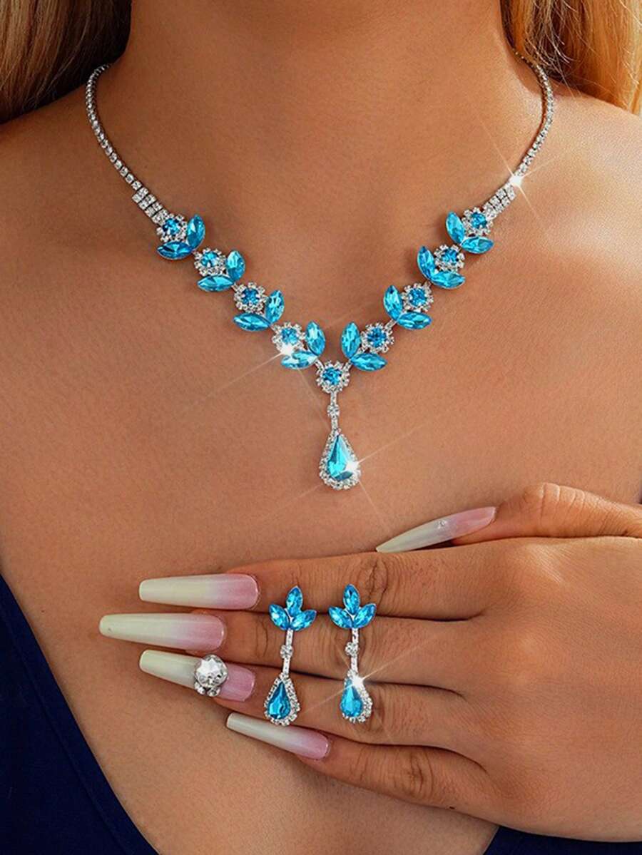 Bộ trang sức gồm dây chuyền và bông tai pha lê hình hoa hướng dương, phụ kiện dành cho nữ dự tiệc và đám cưới. - Màu xanh lam - Xem 1