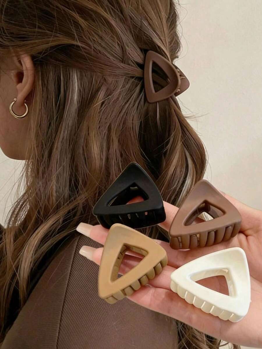 4 piezas/1 pieza 4,5 cm Pinzas de pelo de plástico ligeras y mates de unicolor negro, blanco, caqui, marrón con forma de triángulo, accesorios de pelo elegantes y versátiles adecuados para el diario, casual, fiesta, viaje, playa, recogido, peinado, maquillaje, combinación de atuendos de verano - Multicolor - Ver 1