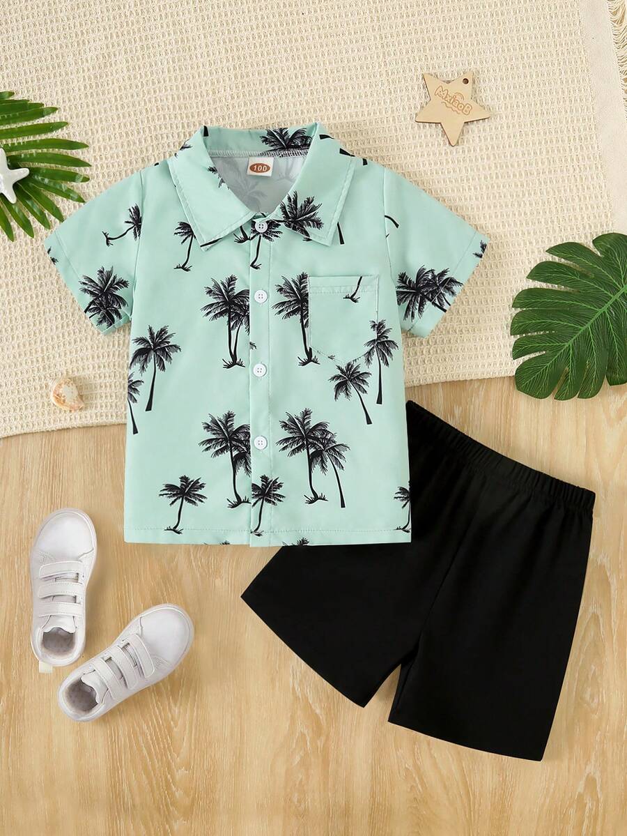 Boys' Casual Plant Print Polo Shirt + Solid Color Pants, Summer - Olive Green - View 1