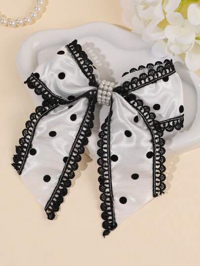 1 chiếc nơ cài tóc chấm bi cho bé gái, viền ren đen, kẹp cá sấu, nơ cài tóc bằng satin bóng, nơ cài tóc kiểu Pháp cổ điển thanh lịch, kẹp tóc thời trang kiểu Hepburn, nơ cài tóc phong cách Boho, quà tặng cho kỳ nghỉ/tuổi teen, phụ kiện tóc.