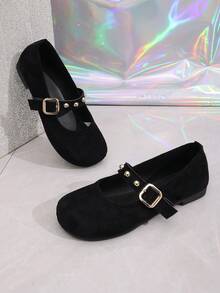 2026 Primavera Nueva Moda Zapatos de Mujer Estilo Mary Jane de Ante, Hebilla Cuadrada con Remaches Dorados, Suela Blanda Puntera Redonda, Diseño Retro de Puntera Redonda Francesa Poco Profunda - Negro - Ver 3