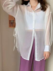 Solid Color Drop Shoulder Long Sleeve Loose Casual Versatile Shirt White Summer - White - View 3