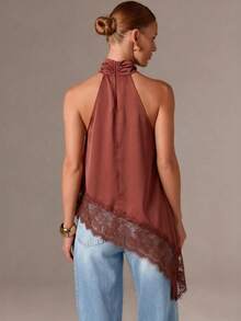Women's Sleeveless High Collar Lace Trim Asymmetric Satin Camisole Top, Elegant For Evening Party, Spring/Summer Vacation, Special Occasions - Rust Brown - View 6