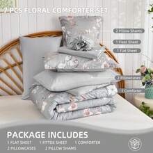 Queen Comforter Set Grey Botanical Floral Bedding Comforter Sets Queen Size for All Seasons 7 Pieces Bed in a Bag Lightweight Microfiber Comforter Set with Sheets Pillowcases and Shams - Gris - Ver 8