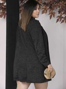 Women's Plus Size Curve Long Ribbed Knit Jacket With Pockets - Elegant Blazer - Autumn Fashion - 黑色 - 查看 2