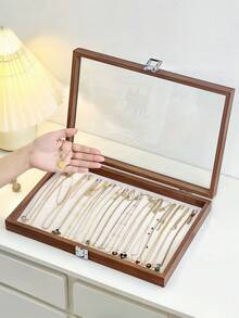 1件 7.9英吋木製珠寶盒，附玻璃蓋與鈕扣，10個掛鉤項鍊收納盒，桌面收納器，適合女性與妻子的禮物，可用於存放項鍊與珠寶，經典設計，精湛工藝，珠寶盒，生日禮物 - 彩色 - 查看 7