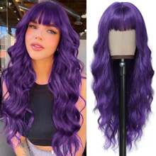 Dark Purple Wig with Bangs for Women 26 Inch Long Wavy Purple Wigs Synthetic Heat Resistant Wig for Daily Party Use - Morado oscuro - Ver 8