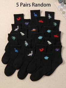 10 Pairs Kids Dinosaur Pattern Elastic Mid-Calf Socks, Suitable For Daily Wear And Sports. Comfortable, Soft, Breathable, Moisture-Wicking. Essential Socks For Boys And Girls, Black Socks For Teenagers, Fashionable And Versatile, Great Gift Item. - Multicolor - View 10