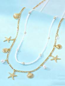 1 Set Of 2 Bohemian Style Ocean Series Shell & Starfish Beaded Women Waist Belt - Gold - View 6