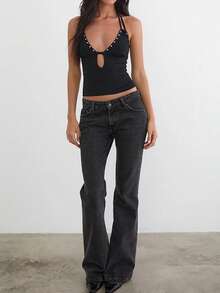 Women Studded Halter Top Sleeveless Open Back V Neck Slim Fit Tank Top Y2k Going Out Tops Club Party Outfits - 黑色 - 查看 5