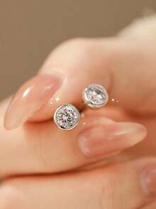 1 Đôi bông tai đính đá Moissanite tròn, quà tặng trang sức cao cấp dành cho nữ, quà tặng trang sức chất lượng cao bằng bạc sterling 925. - Bông tai tròn - Xem 3