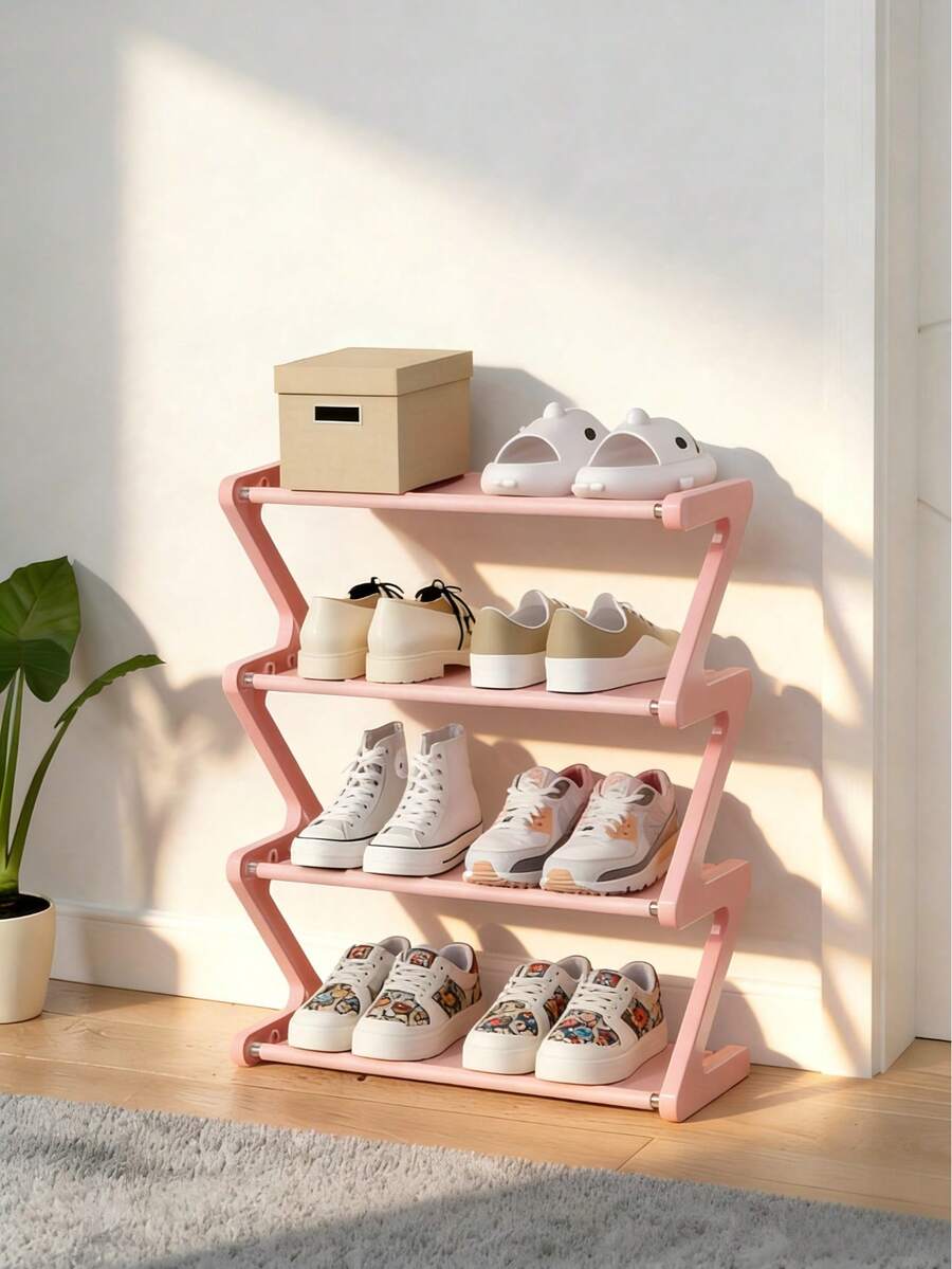 1 kệ giày 4 tầng đứng độc lập - Kệ giày hình chữ Z có thể xếp chồng, khung kim loại và các ngăn nhựa, lắp ráp không cần dụng cụ, tải trọng 4kg, phù hợp cho lối vào, phòng khách, ký túc xá, tiết kiệm không gian lưu trữ trên sàn nhà, vật dụng thiết yếu bền bỉ cho gia đình và ký túc xá, kệ giày, kệ đựng đồ ở lối vào, thẩm mỹ hiện đại, kết cấu chắc chắn, thiết kế tối giản, dễ lắp ráp, phù hợp cho người sống trong căn hộ.