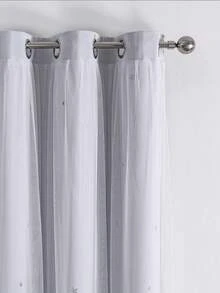 1pc Hollow Star Sheer Curtain, Polyester Lace Double-Layer Blackout Curtain For Living Room Bedroom, Cute Style - 白色 - 查看 9