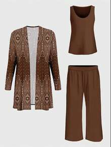 Plus Size Women's Fashionable Printed Elegant 3 Pieces Set Spring - Brown - View 3