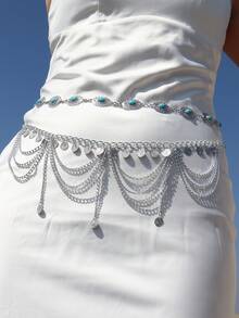 2 pièces Chaîne de taille style bohème vintage à plusieurs couches avec design de pétales de marguerite et pièces d'or, chaîne de taille sexy à franges arabes, convient pour la plage, les vacances, les fêtes, Halloween, le campus d'automne - Doré - Voir 2