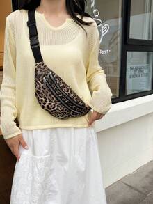 1pc Leopard Print Waist Bag, PU Material, Unisex, Adjustable Leopard Print Crossbody Fanny Pack, Multi-Zipper Design, Suitable For Fitness, Travel, Daily Use, Portable Phone, Small Interior, Cycling, Outdoor Sports - Multicolor - View 6