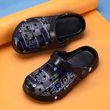 男士时尚涂鸦拖鞋，舒适百搭透气镂空凉鞋 - 黑色 - 查看 4