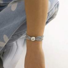 1pc Luxury Minimalist Snake Bone Chain Round Bead Bracelet, Women's Office Commute High-End Versatile Silver Hand Accessory - Silver - View 3