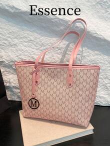 1个白色复古花卉字母装饰金属配件PU手提包，大容量女士单肩包（金属吊坠左右随机，非固定），粉色，办公 - 粉色 - 查看 1