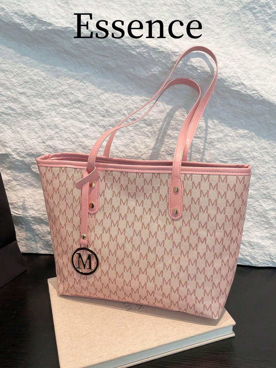 1个白色复古花卉字母装饰金属配件PU手提包，大容量女士单肩包（金属吊坠左右随机，非固定），粉色，办公 - 粉色 - 查看 1