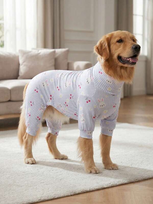 Dog Summer Shedding Hair Control Pajamas - Breathable High Stretch Full Coverage Pet Rompers, Summer Anti Licking & Bug Protective Jumpsuit For Medium Large Dogs, All Over Printing Dog Clothes-Blue With White Stripe Bunny Pattern