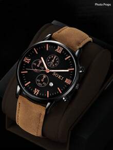 SOKI SOKI 1 pièce Montre d'homme avec fonction calendrier, cadran rond à la mode, mouvement à quartz, bracelet en PU, convient pour un port quotidien, cadeau d'anniversaire, fête, rassemblement de vacances, cadeau idéal pour vous-même ou vos amis. Aucune boîte d'emballage incluse. - Tabac - Voir 7