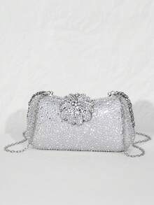 银色亮片水晶花朵手拿包 – 晚宴链条单肩包 - 銀色 - 查看 9